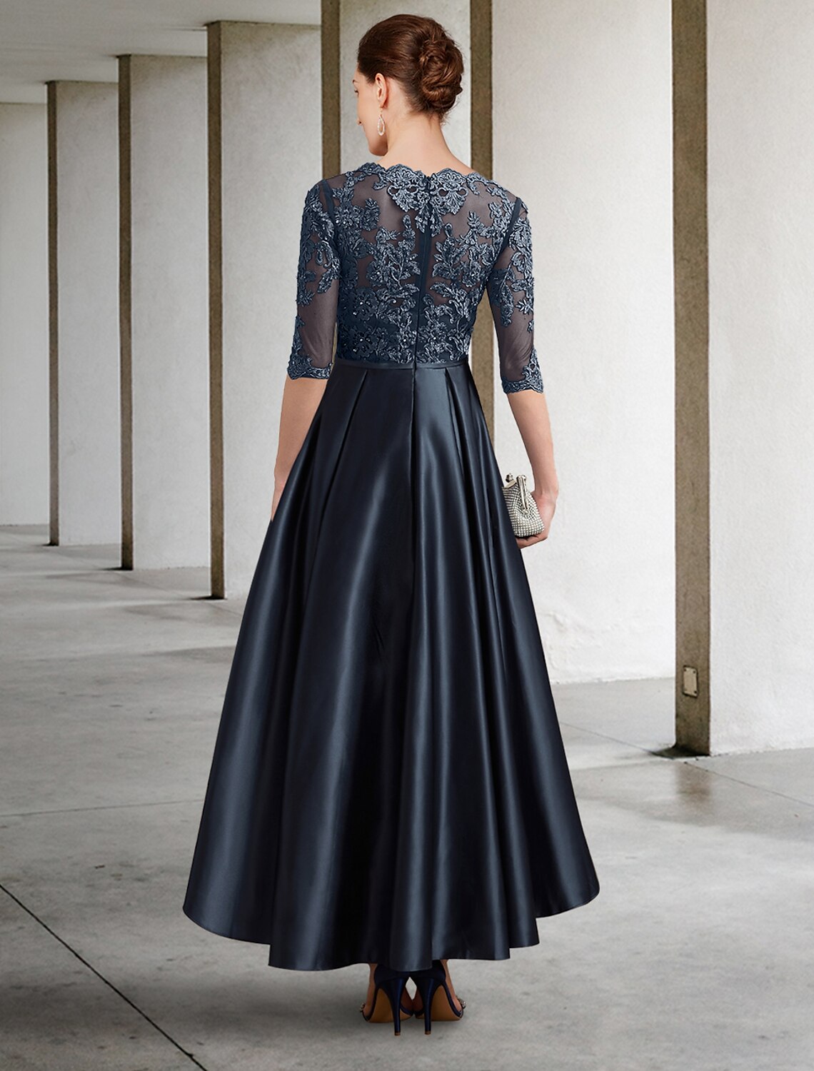 A-Line Mother of the Bride Dress Formal Wedding Guest Elegant Jewel Neck Asymmetrical Lace Italy Satin Half Sleeve with Lace Pleats