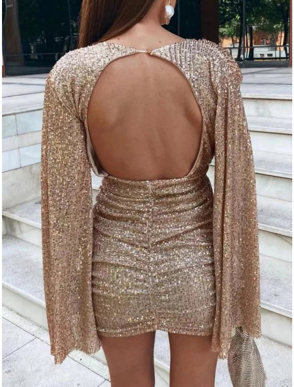 Sheath / Column Party Dresses Backless Dress Party Wear Short / Mini Long Sleeve V Neck Sequined Backless with Glitter Ruched
