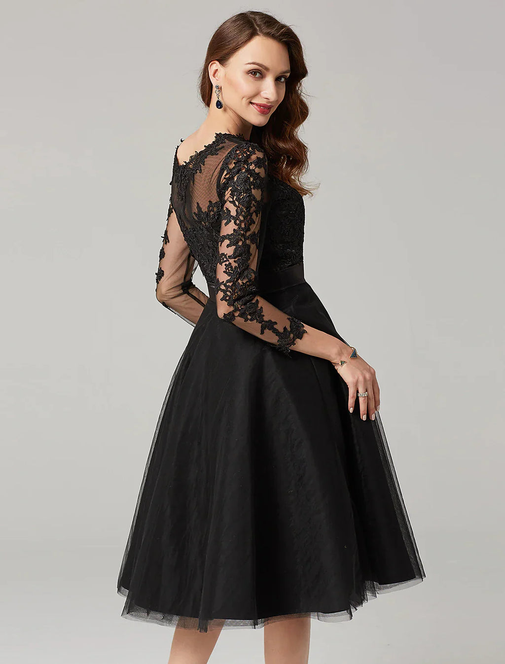 A-Line Elegant Dress Wedding Guest Knee Length 3/4 Length Sleeve Illusion Neck Tulle Over Lace with Appliques