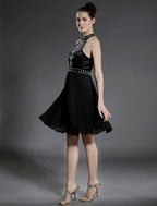 Little Black Dress Dress Holiday Knee Length Sleeveless High Neck Chiffon with Pleats Beading