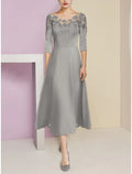 A-Line Mother of the Bride Dress Wedding Guest Elegant Scoop Neck Tea Length Stretch Chiffon Half Sleeve with Lace Ruching Solid Color
