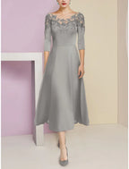 A-Line Mother of the Bride Dress Wedding Guest Elegant Scoop Neck Tea Length Stretch Chiffon Half Sleeve with Lace Ruching Solid Color