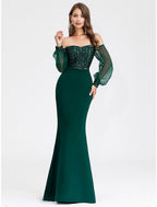 Sexy Formal Evening Dress Off Shoulder Long Sleeve Floor Length with Sequin