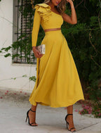 A-Line Cocktail Dresses Cut Out Dress Party Wear Wedding Guest Tea Length Long Sleeve One Shoulder Stretch Fabric with Ruffles