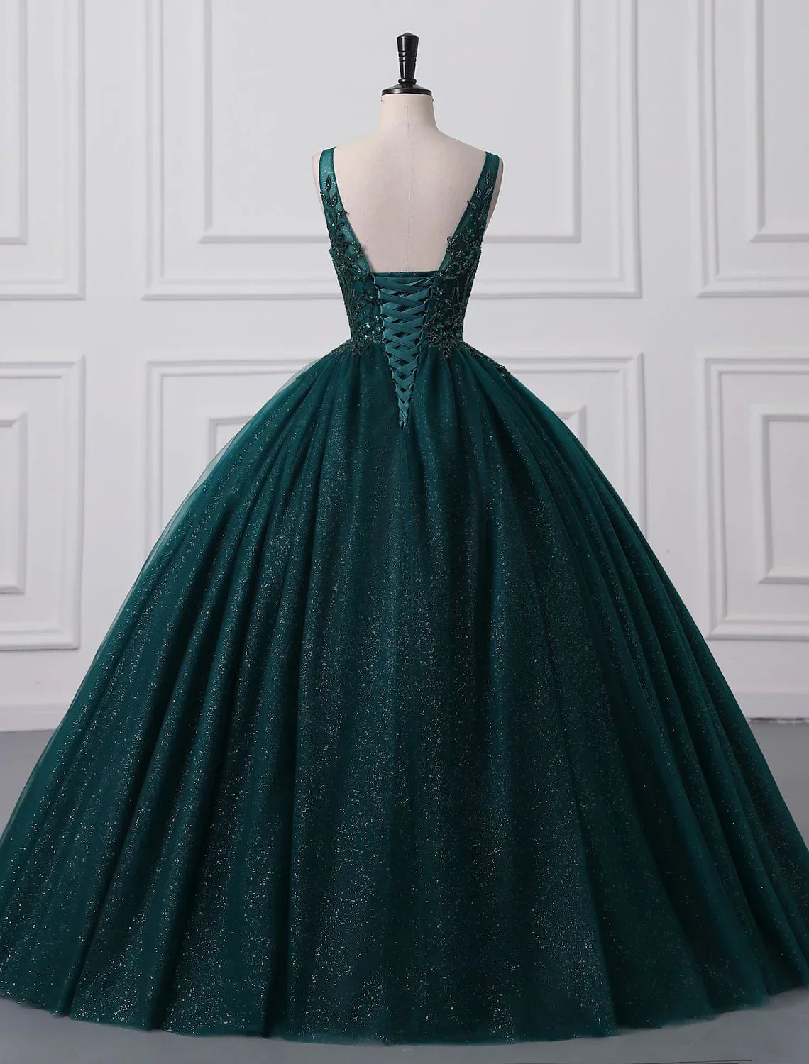 Prom Dresses Sparkle Shine Dress Quinceanera Floor Length Sleeveless V Neck Tulle with Sequin Appliques