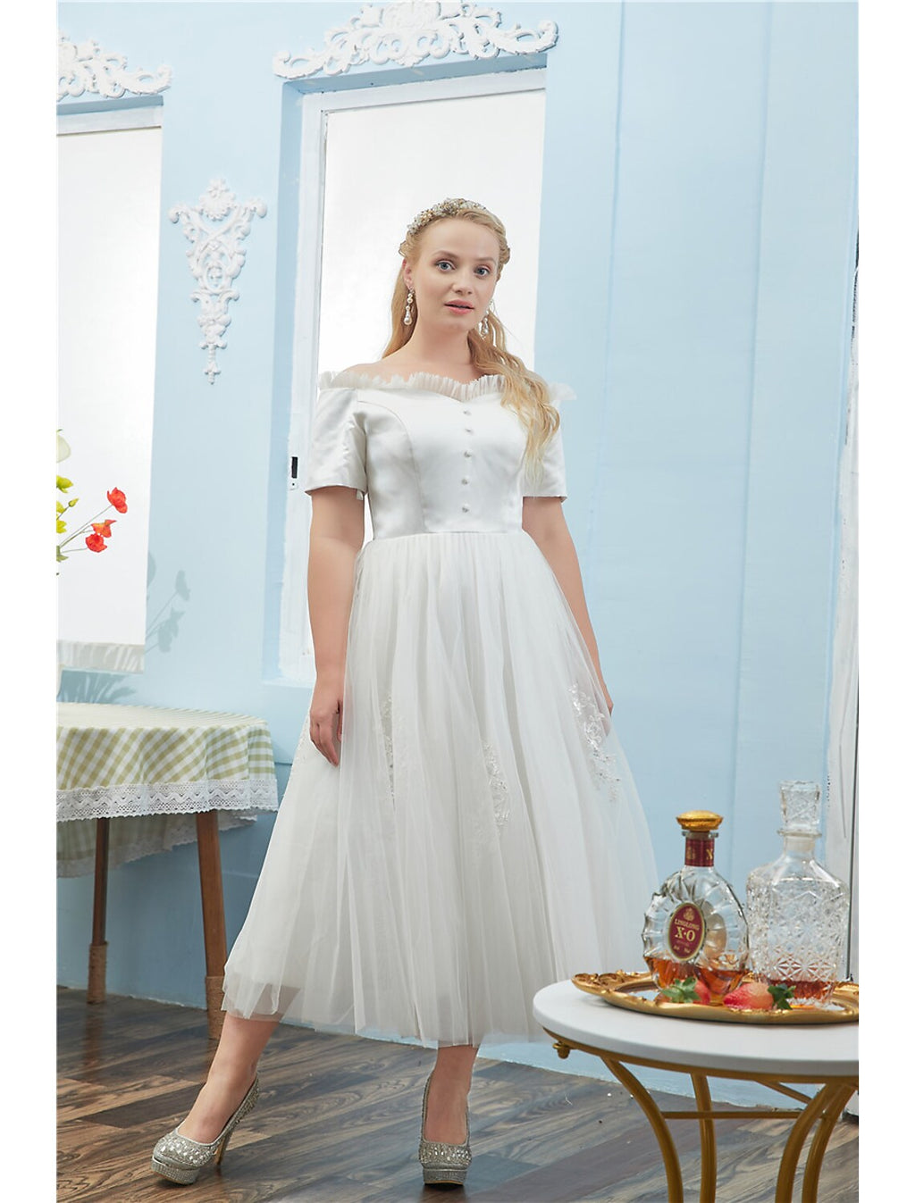 Cocktail Dresses Plus Size Dress hort Sleeve Off Shoulder Tulle with Buttons