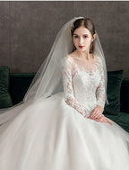 Engagement Open Back Formal Wedding Dresses Chapel Train Long Sleeve Lace With Pleats Appliques
