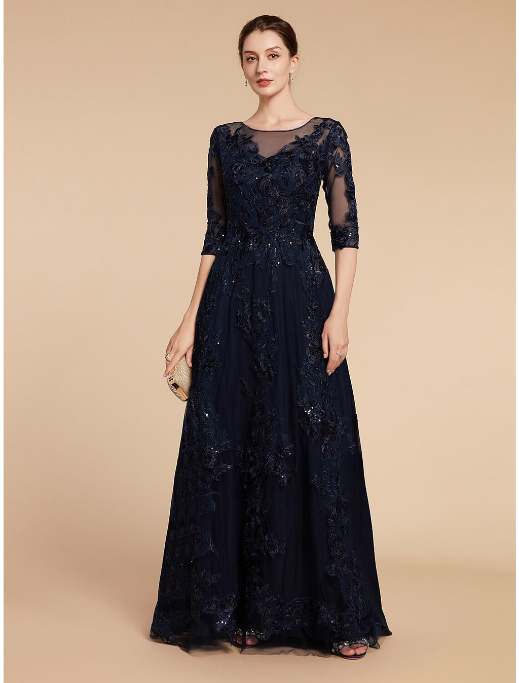 A-Line Mother of the Bride Dress Luxurious Elegant Jewel Neck Floor Length Lace Tulle Imitated Silk 3/4 Length Sleeve with Sequin Appliques