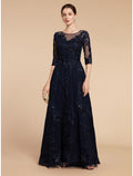 A-Line Mother of the Bride Dress Luxurious Elegant Jewel Neck Floor Length Lace Tulle Imitated Silk 3/4 Length Sleeve with Sequin Appliques