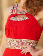 A-Line Evening Gown Sparkle & Shine Dress Wedding Guest Party Wear Floor Length Sleeveless Halter Neck Chiffon with Rhinestone