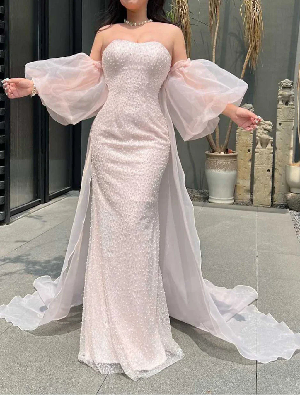 Mermaid / Trumpet Prom Dresses Sparkle & Shine Dress Formal Floor Length Short Sleeve Strapless Organza with Pearls