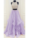 Two Piece Ball Gown Prom Dresses Sparkle & Shine Dress Party Wear Floor Length Sleeveless Halter Organza with Sequin
