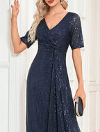 A-Line Party Dresses Sparkle & Shine Dress Formal Wedding Guest Floor Length Short Sleeve V Neck Sequined with Sequin