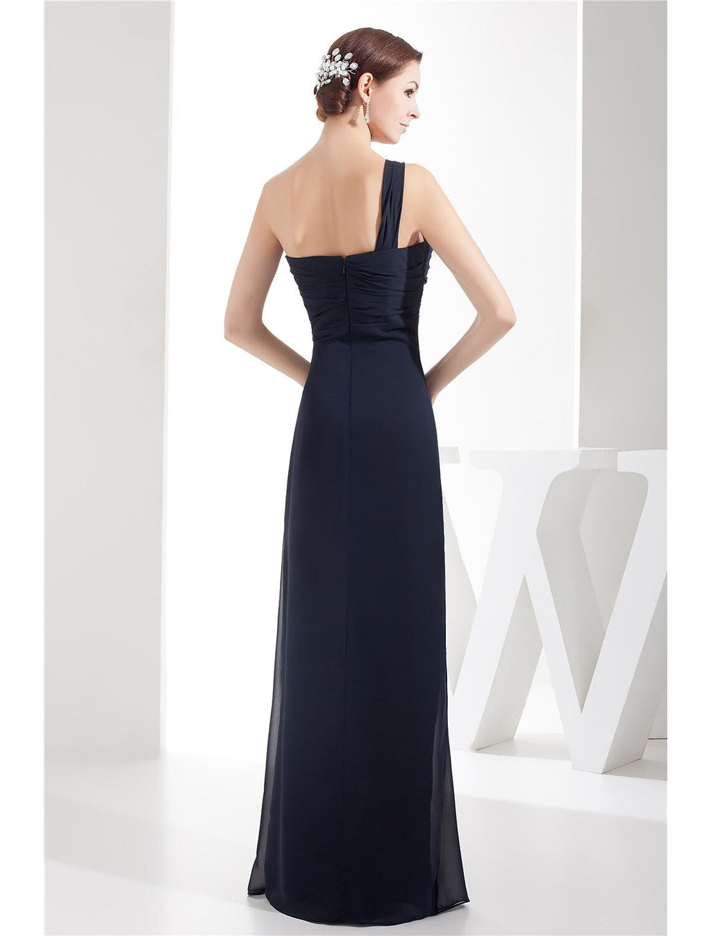 Evening Gown Dress Wedding Floor Length Sleeveless One Shoulder Chiffon with Ruched