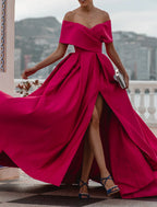 A-Line Evening Gown Party Dress Celebrity Style Dress Formal Wedding Court Train Sleeveless Off Shoulder Bridesmaid Dress Satin with Ruched