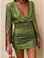 Sheath / Column Party Dresses Backless Dress Party Wear Short / Mini Long Sleeve V Neck Sequined Backless with Glitter Ruched
