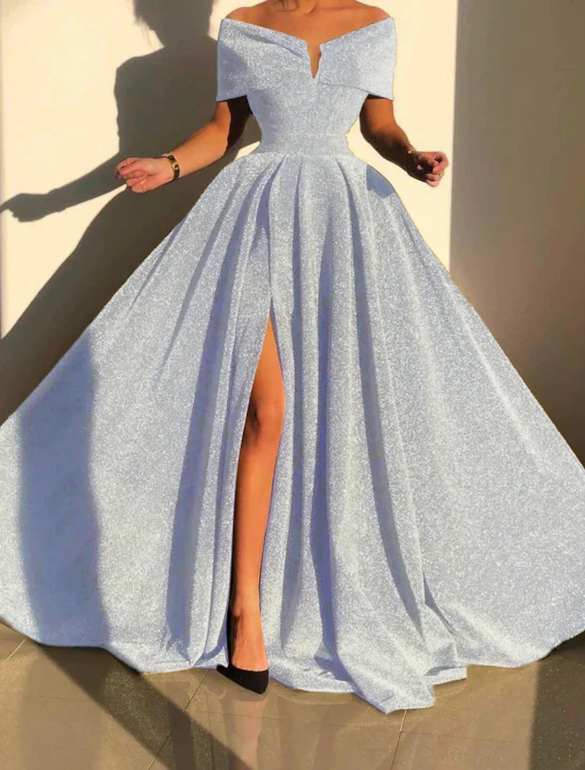 A-Line Sequin Evening Gown Prom Silver Green Sparkle & Shine Black Party Formal Dress Formal Fall Court Train Sleeveless Off Shoulder Slit