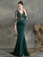 Prom Dresses Elegant Dress Long Sleeve V Neck Cotton Blend with Beading Appliques