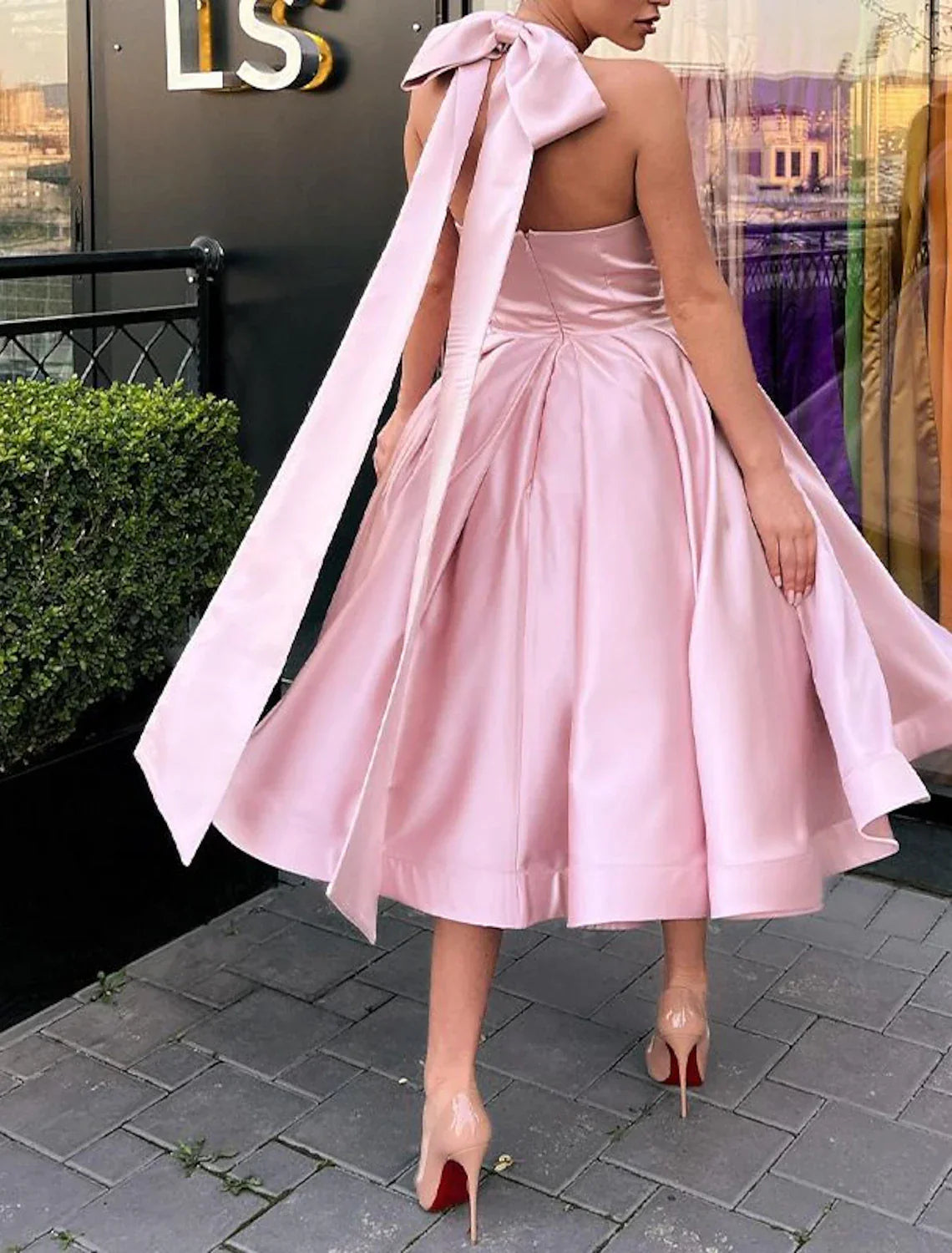 A-Line Evening Gown Plus Size Dress Homecoming Wedding Guest Ankle Length Sleeveless Halter Neck Satin with Butterfly