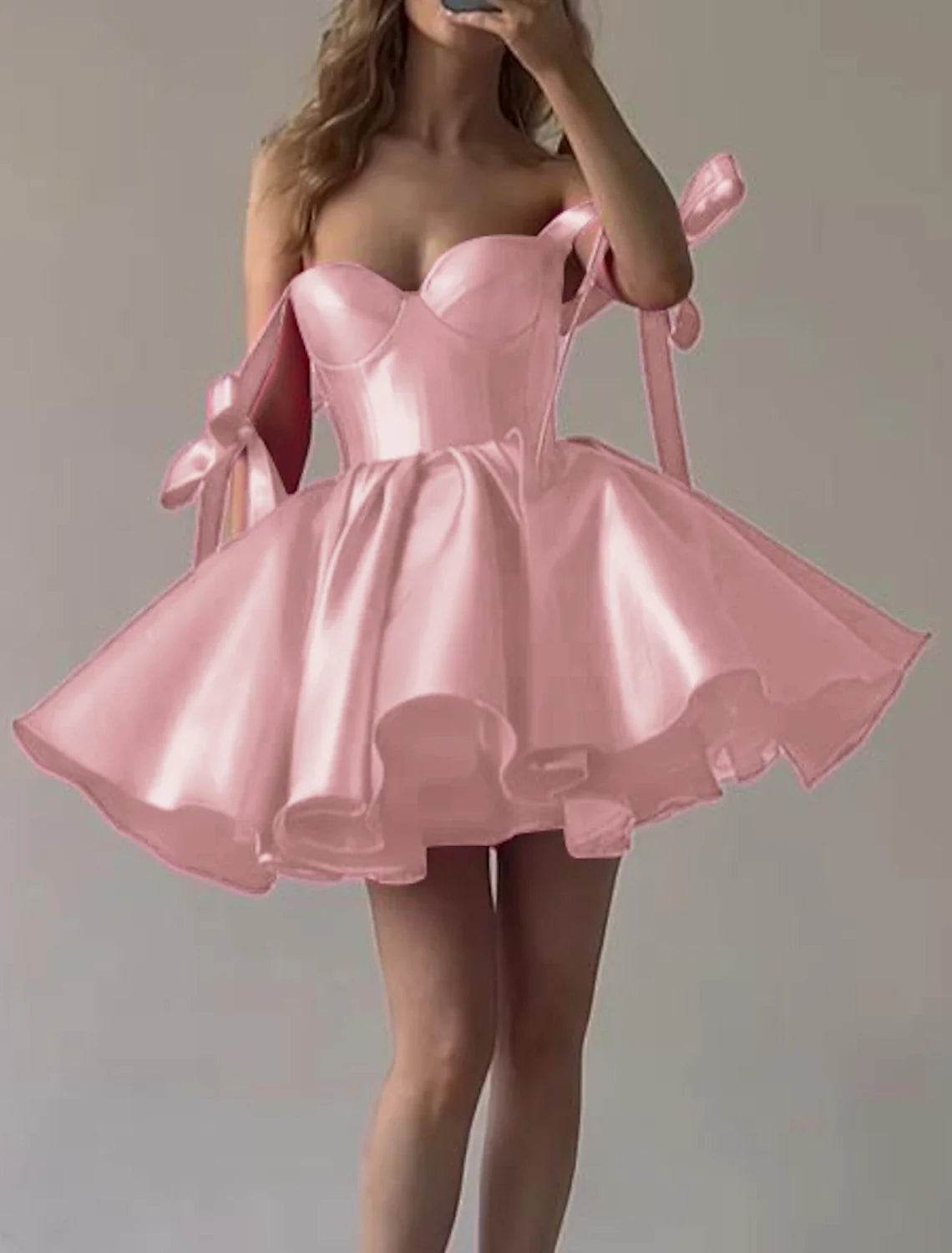 Robes de bal de fin d'année trapèze Corset Robe de vacances Remise des diplômes Courte / Mini Sans manches Fines bretelles Robe rose Satin avec nœud(s)