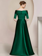 Guaina/Colonna Abito da madre della sposa Abito da invitata a un matrimonio formale Abito da festa elegante formale in raso a mezza manica con scollo a barca lungo fino al pavimento con sovragonna arricciata