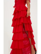 A-Line Evening Dress Red Green Dress Elegant Wedding Guest Formal V Neck Short Sleeve Floor Length Chiffon with Ruffles Tier