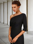 A-Line Mother of the Bride Dress Vintage Elegant One Shoulder Floor Length Charmeuse Length Sleeve Ruffles Side-Draped