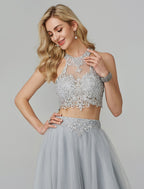 Two Piece Prom Formal Evening Dress Sleeveless Floor Length Lace