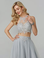 Two Piece Empire Prom Formal Evening Dress Halter Neck Sleeveless Floor Length Lace with Appliques