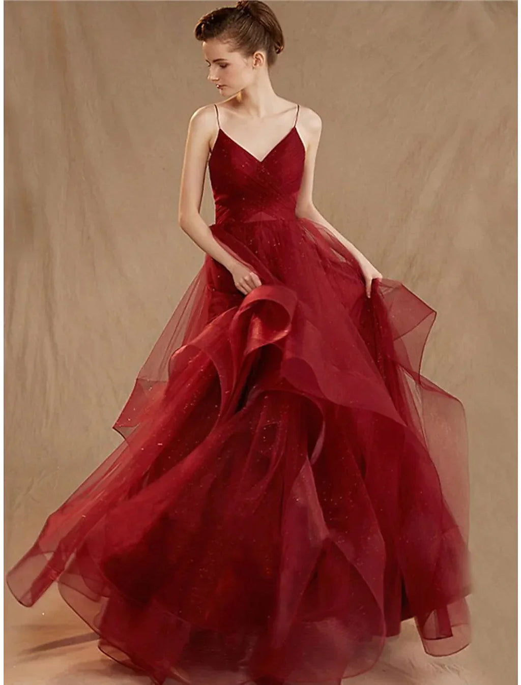 Ball Gown Elegant Dress Party Wear Floor Length Sleeveless V Neck Tulle V Back Sequin