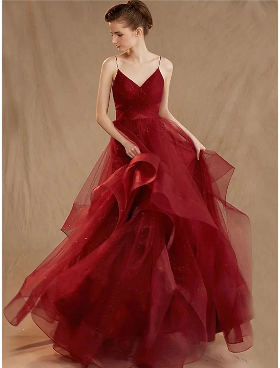 Ball Gown Elegant Dress Party Wear Floor Length Sleeveless V Neck Tulle V Back Sequin
