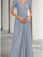 A-Line Mother of the Bride Dress Wedding Guest Elegant V Neck Floor Length Chiffon Lace Short Sleeve with Ruching Solid Color