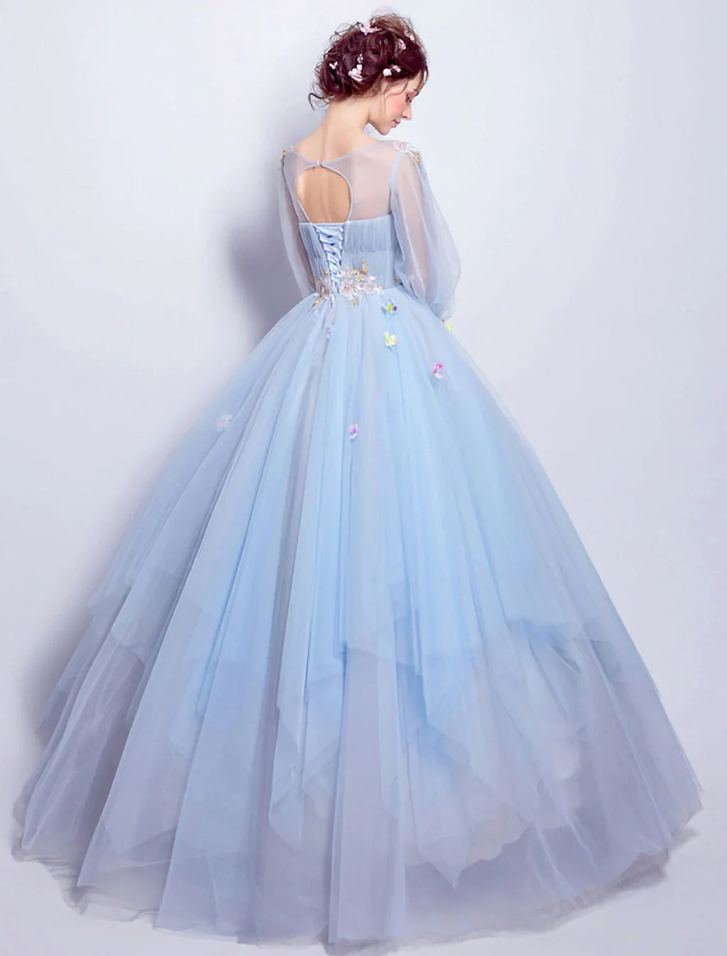 Puffy Quinceanera Engagement Dress Length Sleeve Floor Length Tulle leats