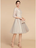 A-Line Mother of the Bride Dress Wedding Guest Elegant Petite Jewel Neck Knee Length Lace Tulle Half Sleeve with Pleats Solid Color