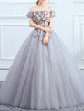 Ball Gown Quinceanera Dresses Princess Dress Performance Sweet 16 Floor Length Short Sleeve Off Shoulder Polyester with Appliques