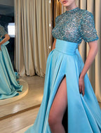 A-Line Evening Gown Christmas Red Green Dress Formal Carival Chapel Train Half Sleeve High Neck Satin with Pearls Sequin