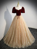 A-Line Sparkle Elegant Wedding Guest Engagement Dress Illusion Neck Short Sleeve Floor Length Tulle with Sequin Tassel Appliques
