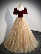 A-Line Sparkle Elegant Wedding Guest Engagement Dress Illusion Neck Short Sleeve Floor Length Tulle with Sequin Tassel Appliques