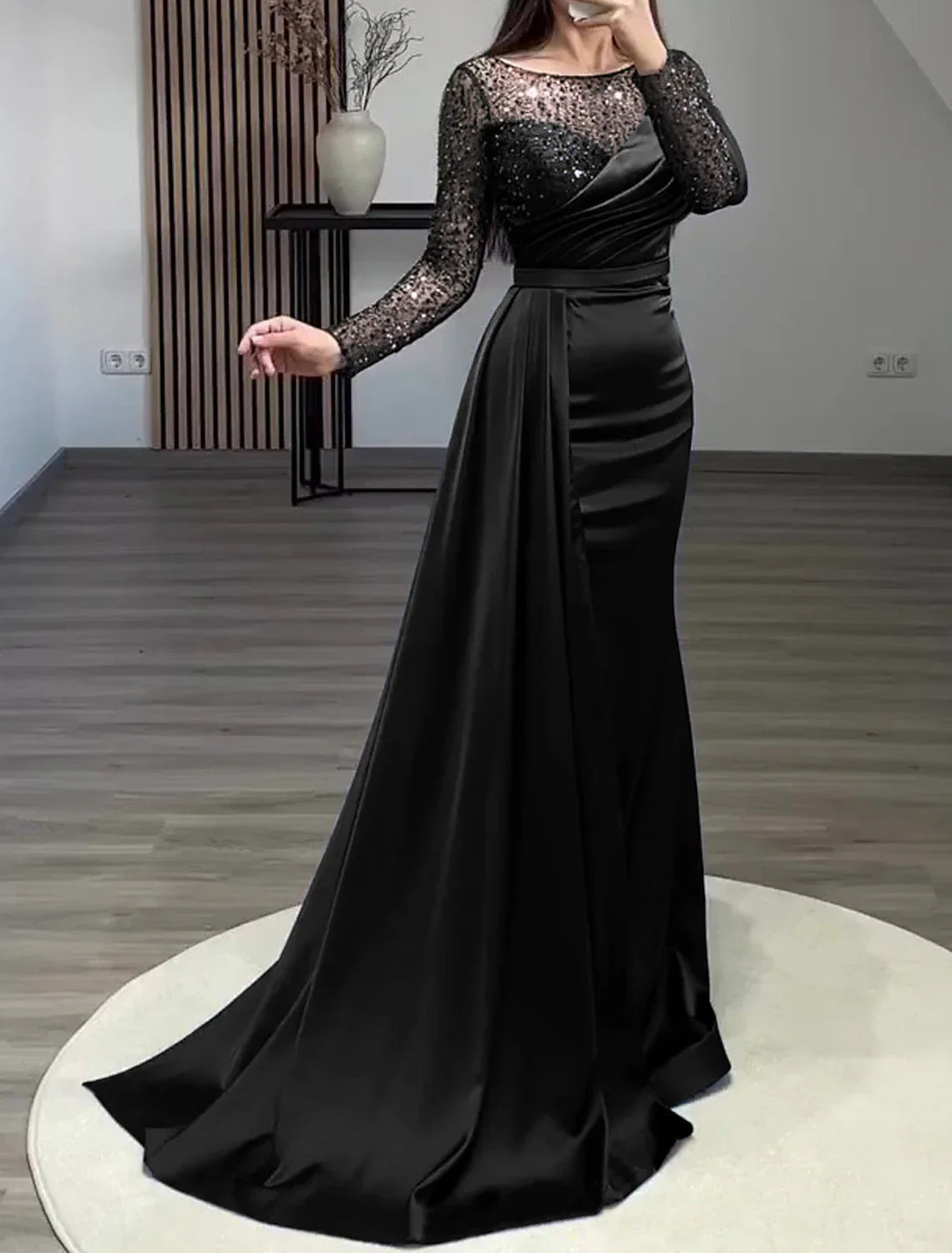 Mermaid Dress Evening Gown Christmas Red Green Dress Formal Wedding Guest Court Train Long Sleeve Jewel Neck Charmeuse with Ruched Pearls Sequin