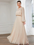 A-Line Prom Dresses Wedding Guest Floor Length Long Sleeve Chiffon with Buttons
