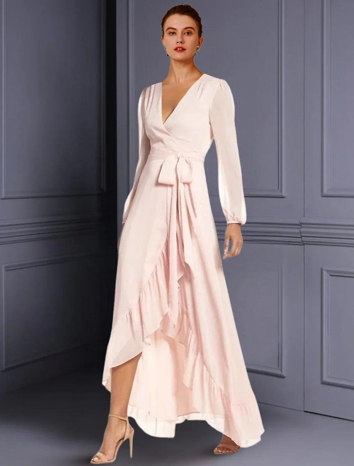 A-Line Mother of the Bride Dress Wedding Guest Elegant High Low V Neck Asymmetrical Tea Length Chiffon Long Sleeve with Ruched