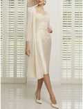 Two Piece Mother of the Bride Dress Wedding Guest Elegant Petite Illusion Neck Knee Length Chiffon Satin Lace Long Sleeve with Ruching Solid Color