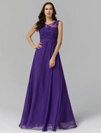 A-Line Evening Dresses Wedding Guest Floor Length Sleeveless Chiffon V Back Beading Appliques