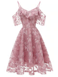 A-Line Cocktail Dresses Vintage Dress Graduation Party Wear Knee Length Short Sleeve Spaghetti Strap Lace with Lace Insert Pattern / Print