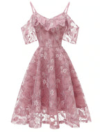 A-Line Cocktail Dresses Vintage Dress Graduation Party Wear Knee Length Short Sleeve Spaghetti Strap Lace with Lace Insert Pattern / Print