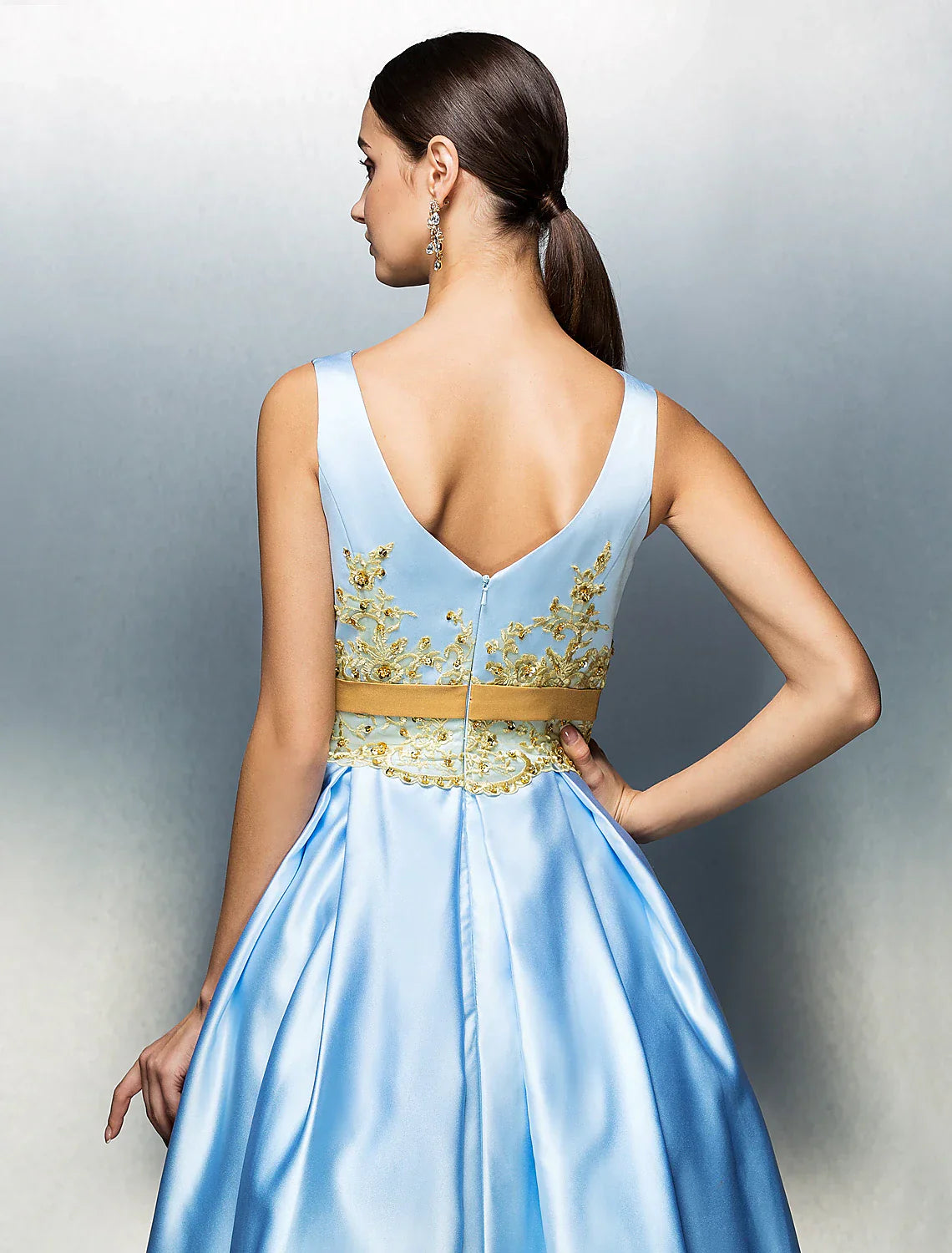 A-Line Cocktail Dresses Party Dress Wedding Guest Tea Length Sleeveless Jewel Neck Satin V Back with Pleats Appliques