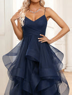 A-Line Evening Gown Tiered Dress Formal Sweep / Brush Train Sleeveless Spaghetti Strap Organza with Ruched Ruffles Slit