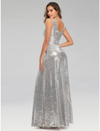 A-Line Prom Dresses Sparkle Dress Wedding Guest Floor Length Sleeveless V Neck Polyester V Back with Sequin