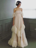 Wedding Dresses  A-Line Short Sleeve Off Shoulder Lace With Ruffles