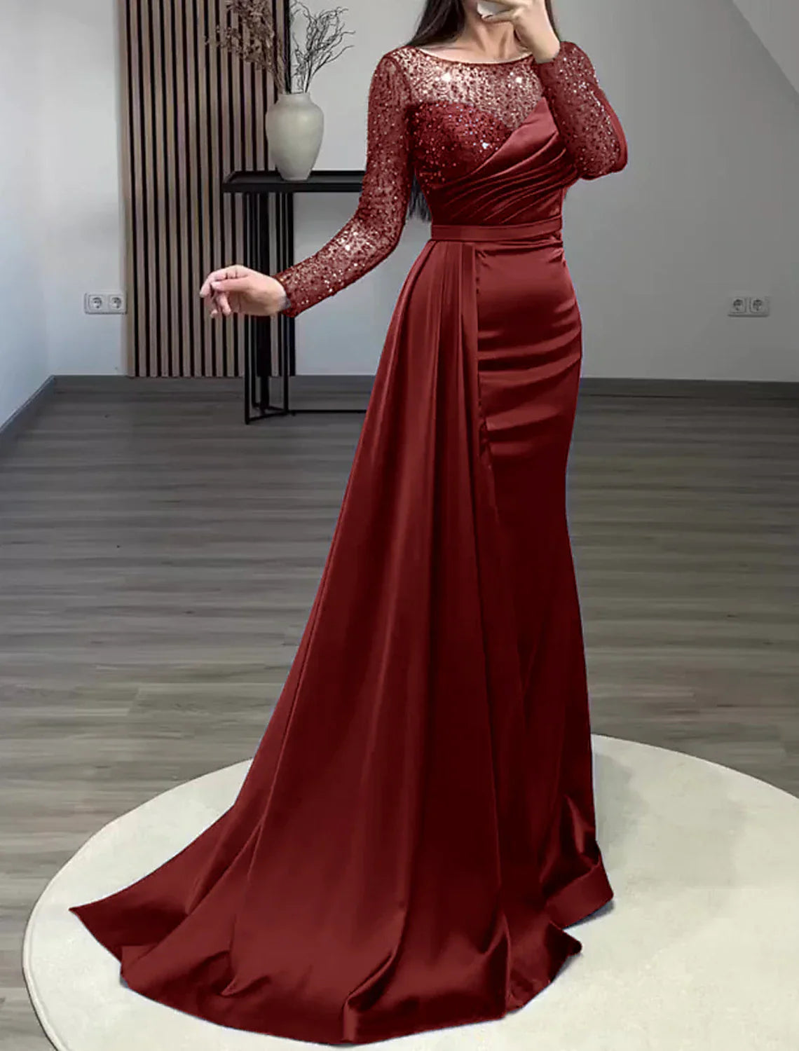 Mermaid Dress Evening Gown Christmas Red Green Dress Formal Wedding Guest Court Train Long Sleeve Jewel Neck Charmeuse with Ruched Pearls Sequin